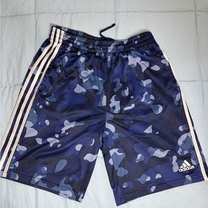 adidas Men’s Blue Camouflage Athletic Shorts with White Stripes
